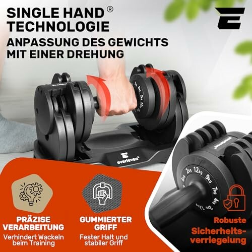 Einstellbare Hantel mit Einhand-Technologie und Sicherheitsverriegelung.