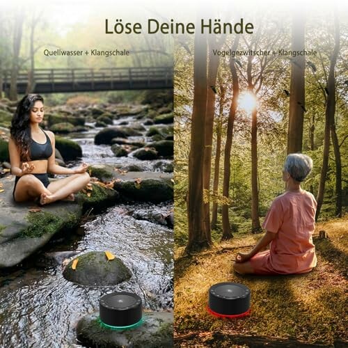 Zwei Personen meditieren in der Natur mit Klanggeräten.