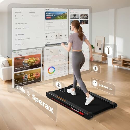 Frau läuft auf einem Laufband mit digitaler Benutzeroberfläche