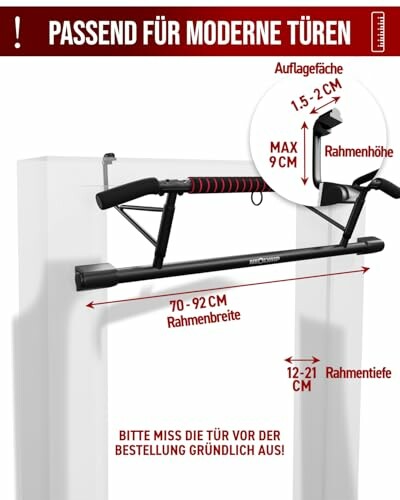 Klimmzugstange für Türrahmen mit Abmessungen.