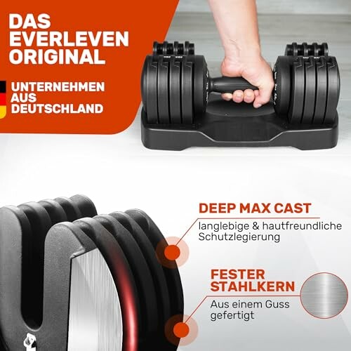 Verstellbare Hantel mit Handgriff und Details zur Konstruktion.